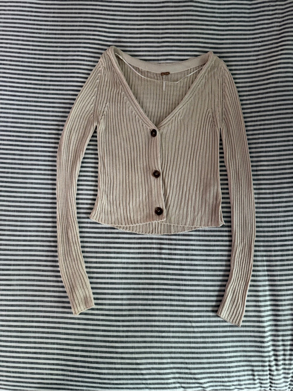 Free People Neutral Ribbed Knit Cardigan in Light Beige
